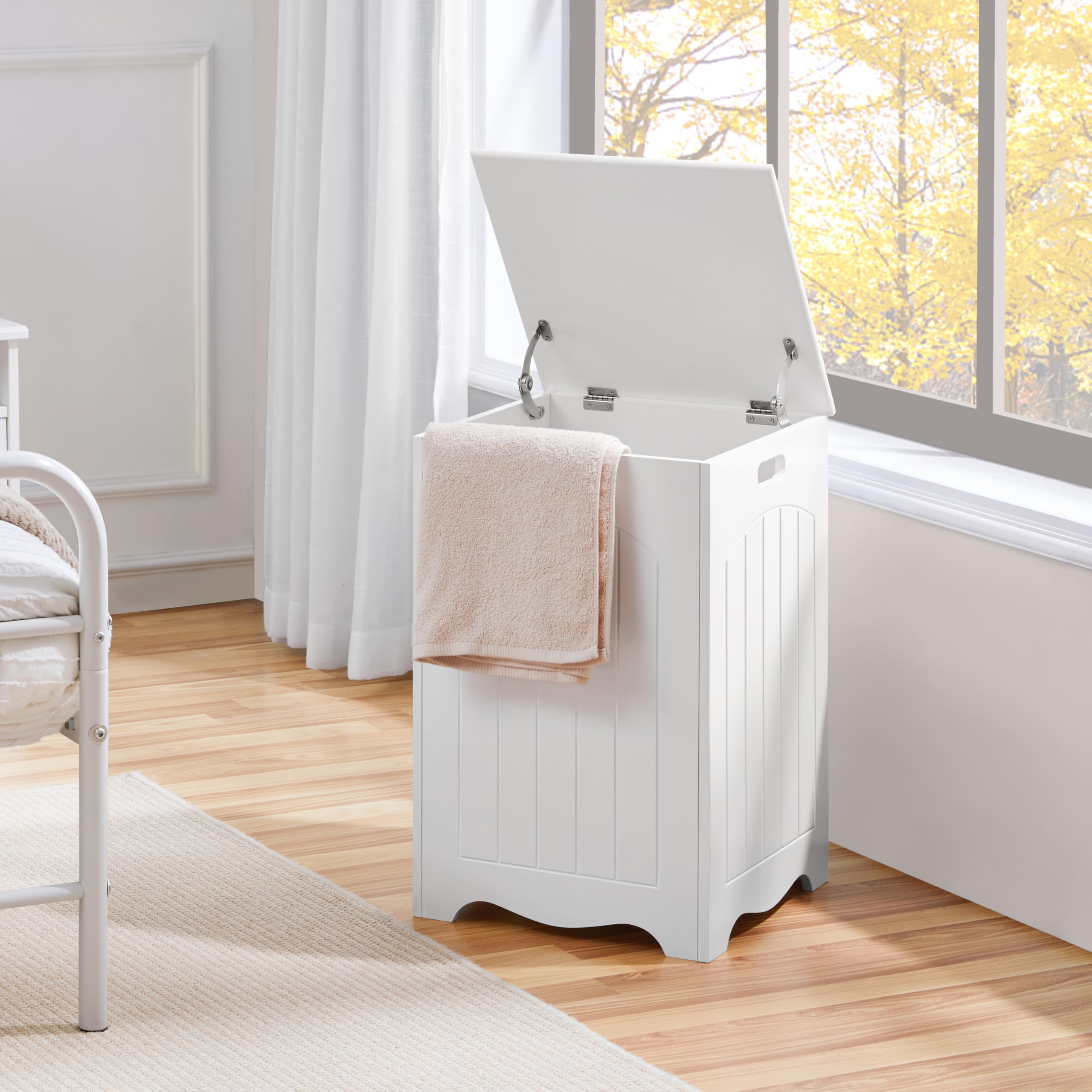 Yaheetech Wäschekorb Wäschesammler Wäschesack Wäschetruhe mit Deckel, 96L Wäschesortierer Wäschetonne Wäscheschrank Badschrank für Waschküche Schlafzimmer Badzimmer, LBH: 39.5x39.5x61 cm, Holz, Weiß