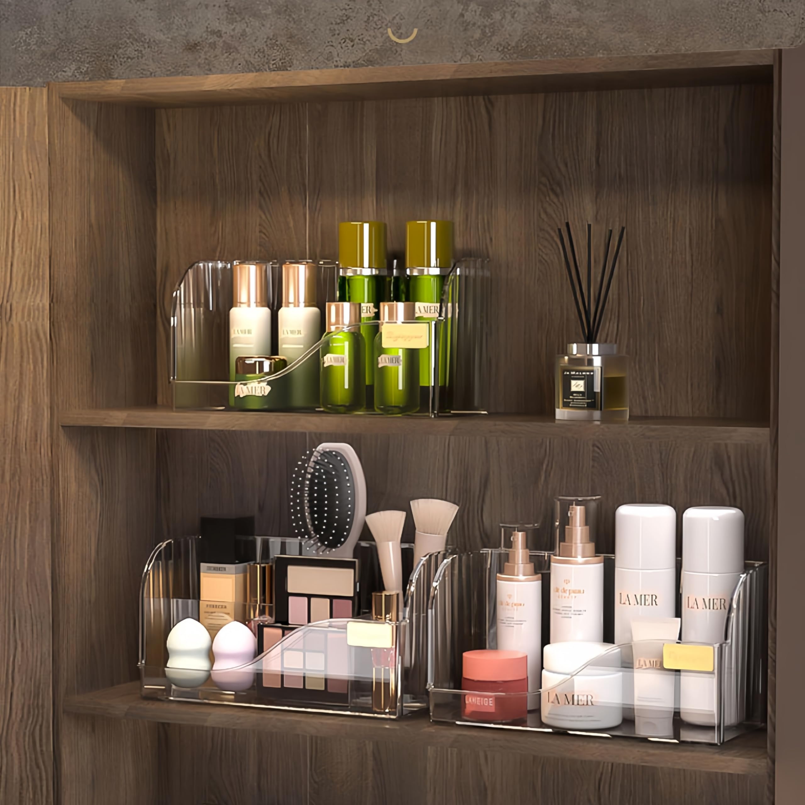 Make up Organizer mit 4 Fächern, 2 Stück Kosmetik Aufbewahrungsbox für Schminktisch Badezimmerschrank, Schminktisch Organizer für Pinsel, Lippenstift und Skincare