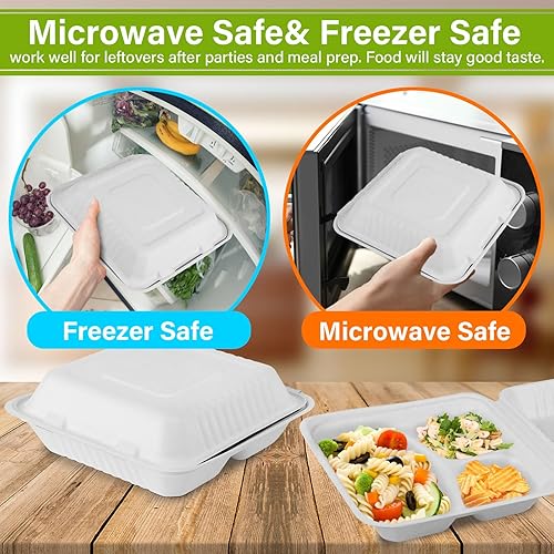 Miniatura 5 de Recipientes de alimentos de 9 x 9 pulgadas, paquete de 100 recipientes desechables para llevar con 3 compartimentos, cajas compostables para llevar,