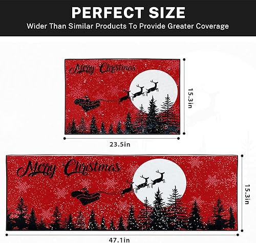 Miniatura 3 de Juego de 2 alfombras y tapetes de cocina de Navidad, antideslizantes, lavables, tapetes de cocina de renos de Papá Noel, tapete de camino de cocina