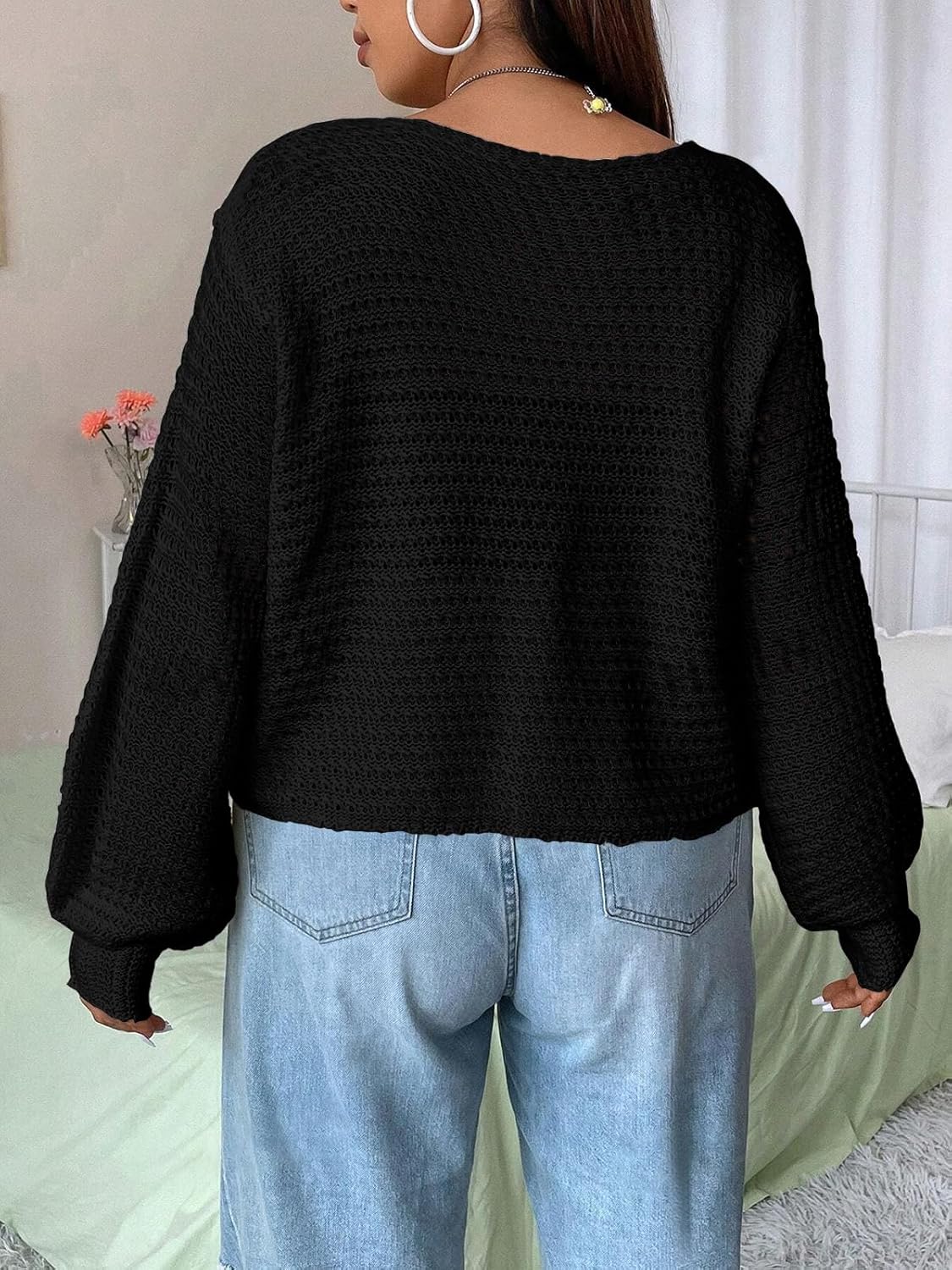 Women's Plus Size Cardigan Hollow Out Open Knit Sweater Ladies Front Tie Shrug, L-4XL - Image 7