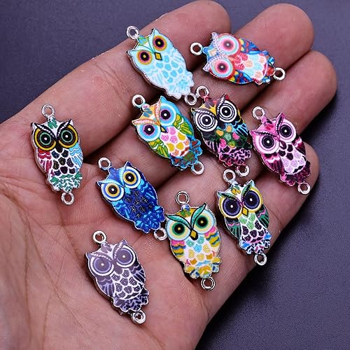 Miniatura 8 de MANLOUFUSHI 30 dijes de aleación de animales con impresión colorida de búho esmaltado, colgante, conector de bricolaje, accesorios para hacer joyas,