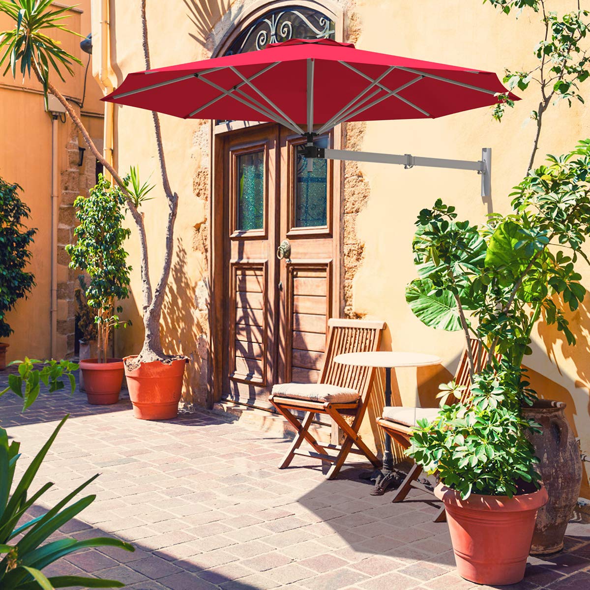 RELAX4LIFE Sombrilla de Pared Ø250 cm Giratoria 350° Horizontalmente y Inclinable 30° Verticalmente, Sombrilla Terraza Exterior con 8 Varillas de Aluminio, Protección UV50+ y Ventilación