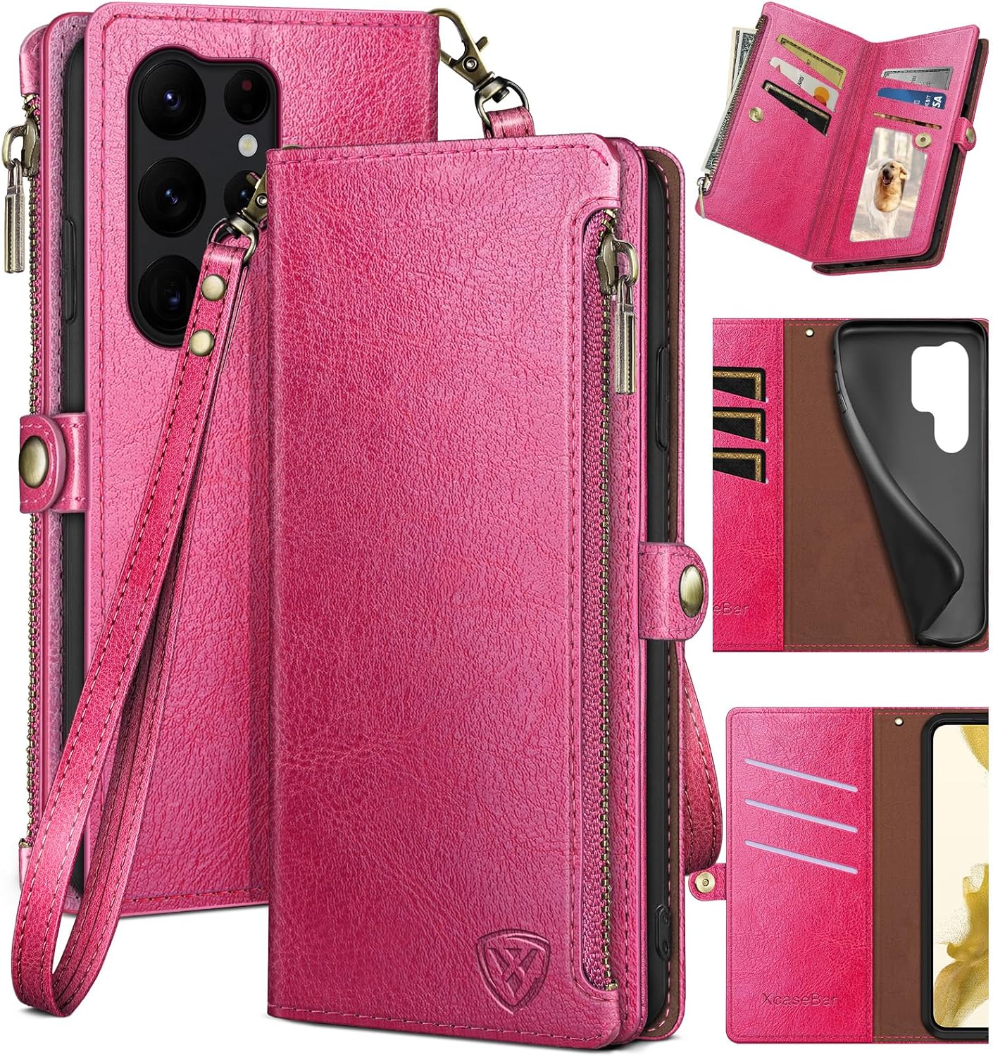 XcaseBar for Samsung Galaxy S23 Ultra Wallet case with Zipper【RFID Blocking】 Credit Card Holder, Flip Folio Book PU Leather Phone case Shockproof Cover Women Men for Samsung S23Ultra case Red