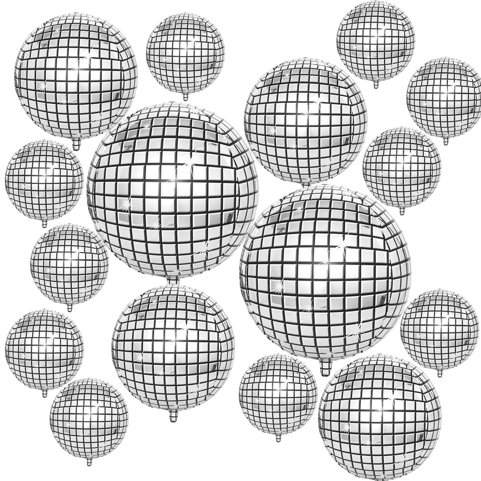 16 Palloncini Disco 4D In Alluminio - 10 Da 25cm, 4 Da 55cm, 2 Stelle - Decorazioni Feste Anni 70/80/90