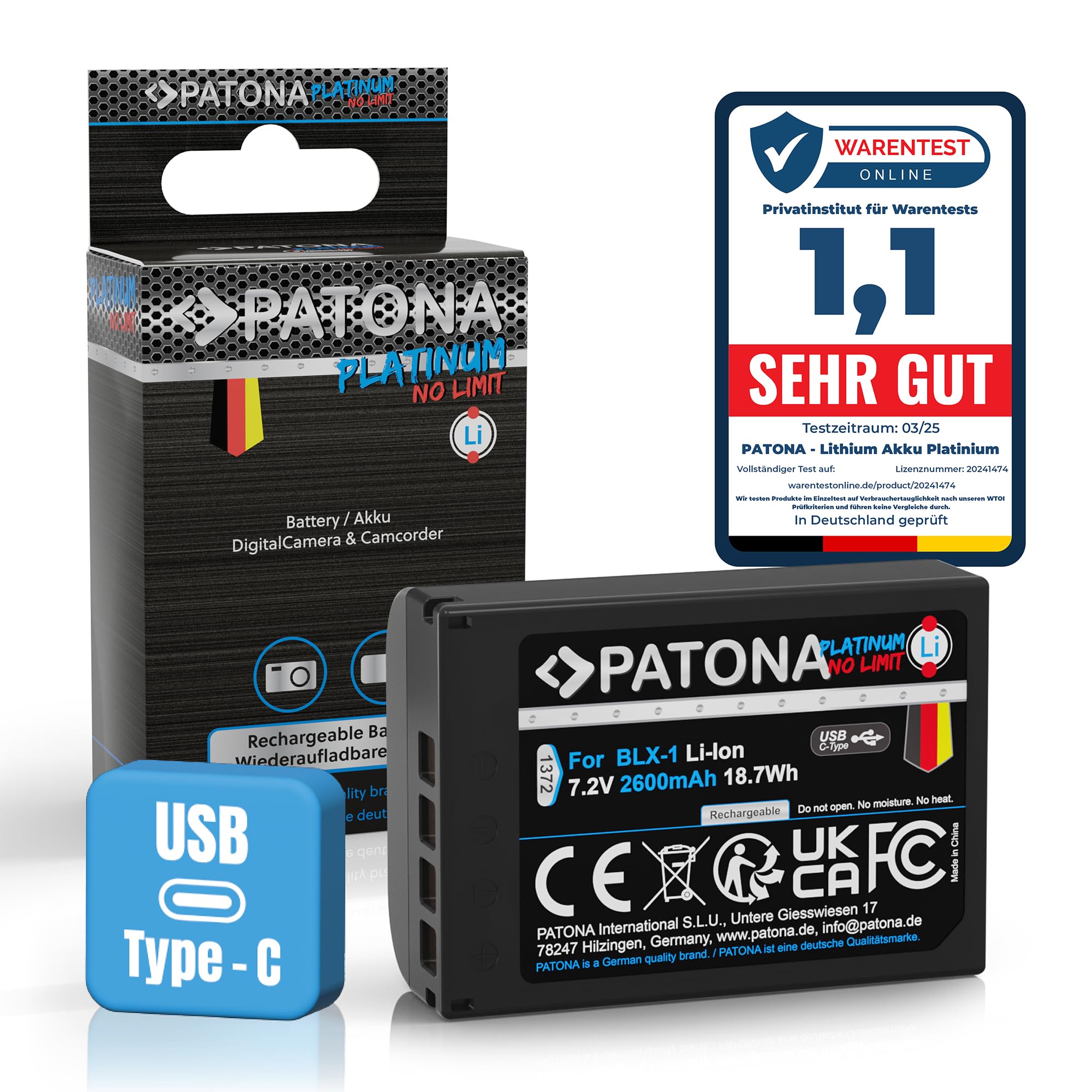 PATONA 1372 Platinum Batteria BLX-1 con ingresso USB-C, 2600mAh 7.2V | Batteria di ricambio da 18.7Wh compatibile con Olympus OM-1 OM-3, sostituisce i modelli BLX1 BL-X1 BL X1