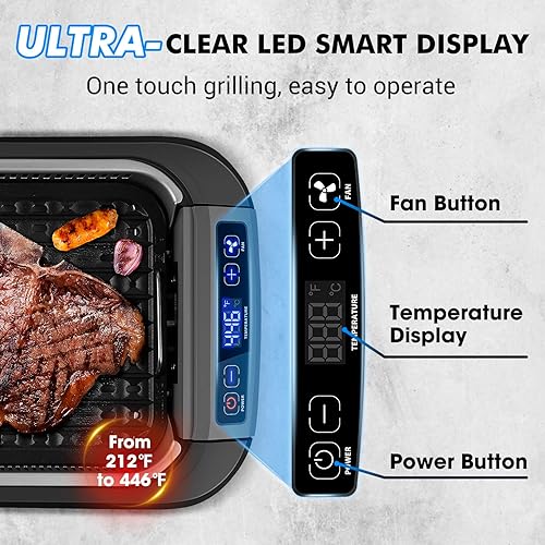 Miniatura 4 de CUSIMAX Parrilla de interior sin humo, parrilla eléctrica de 1500 W con pantalla inteligente LED y tapa de vidrio templado, placa de parrilla