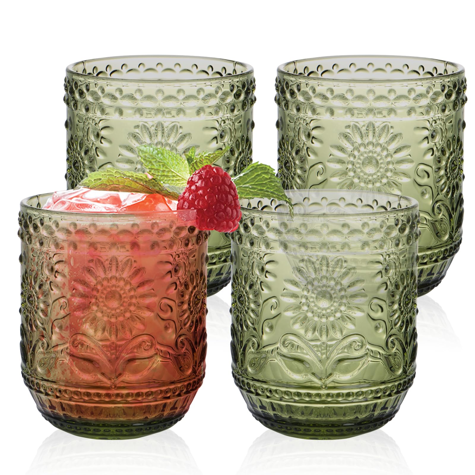 YIK TUNG 4 Pack Vintage Drinking Glasses 380ml, Thickened Sunflower Embossed Tumblers, Heavy Duty Coloured Glassware Cups for Water, Juice, Beer & Cocktails, Dishwasher Safe Retro Bar Glasses (Green)