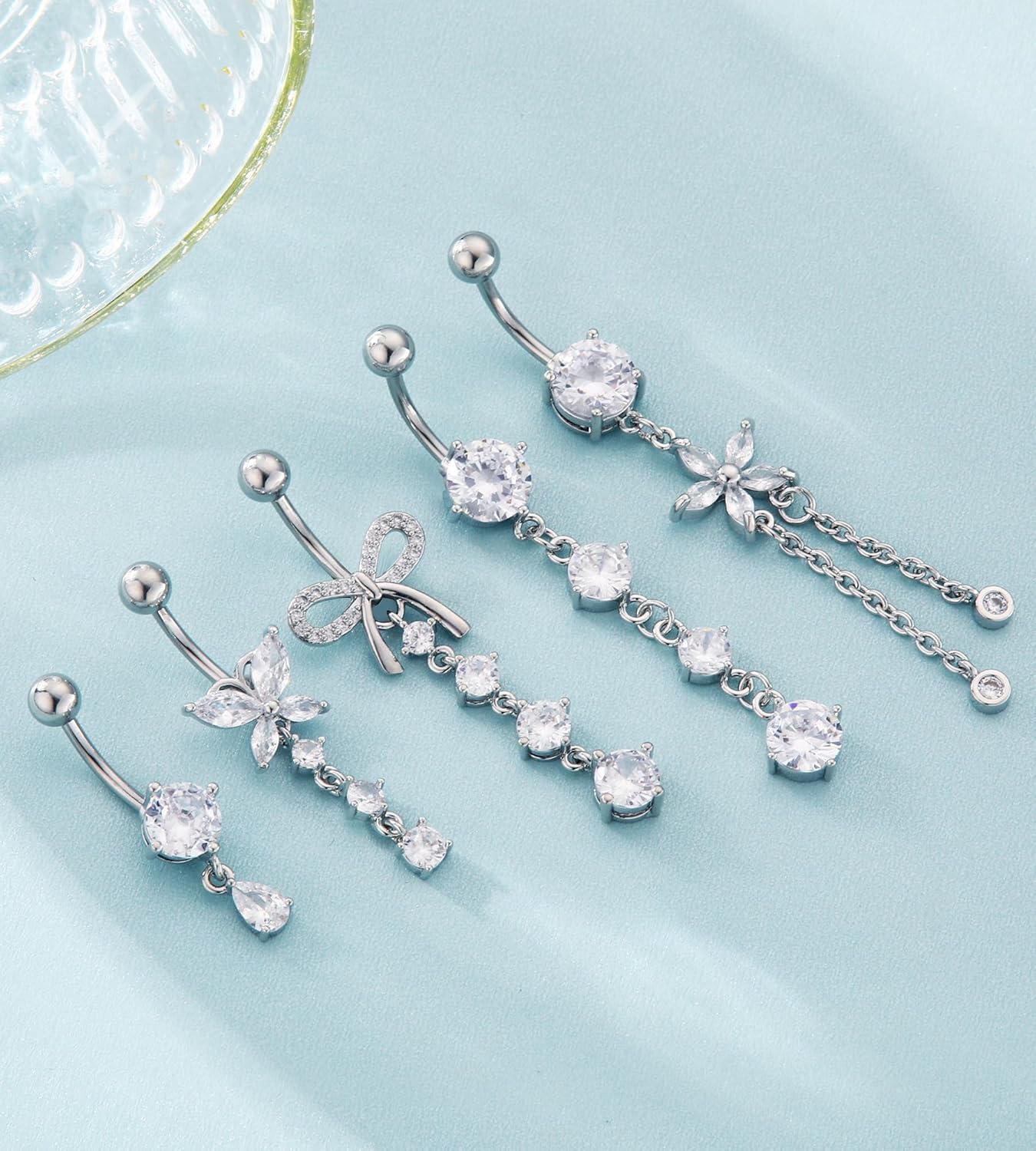 Belly Button Rings Gold Plated Silver Pink Clear CZ Belly Rings for Women Heart Bow Flower Butterfly Teardrop Dangle Navel Belly Button Piercing Jewelry - Image 3