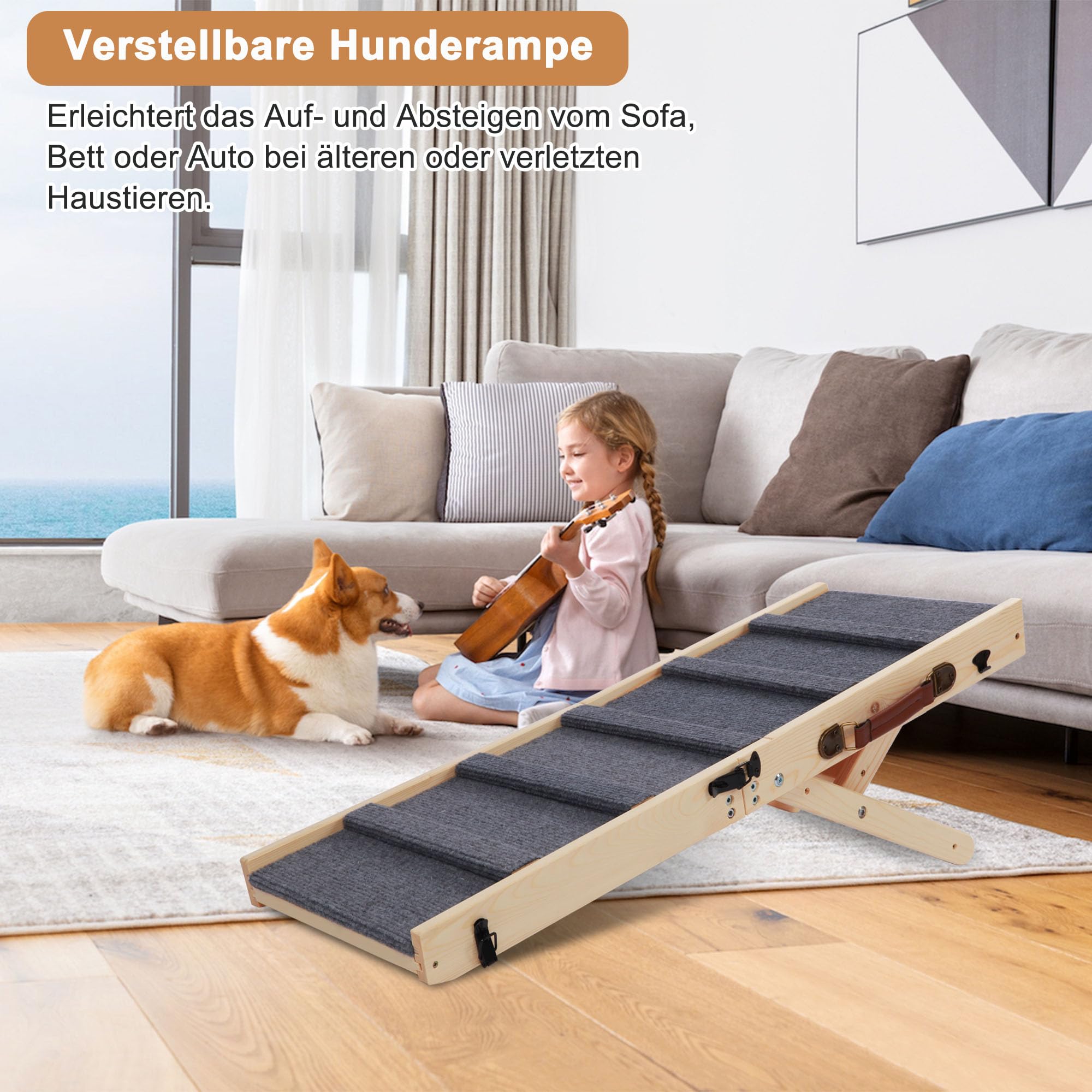 Rampa para perros de 80 cm, escalera con 3 barras, madera de pino y goma, 6 niveles de altura, capacidad de carga