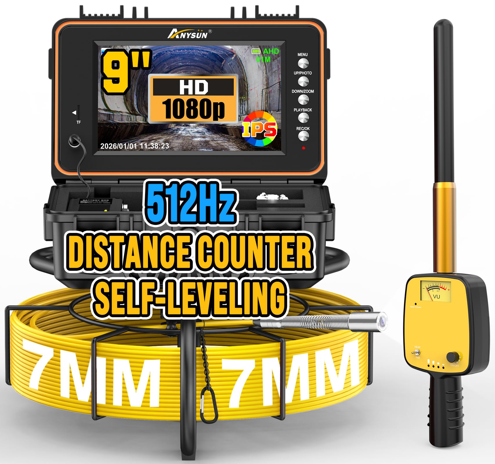 Anysun Camara Inspeccion Tuberias con Localizador 512Hz, IPS 9", 1080P