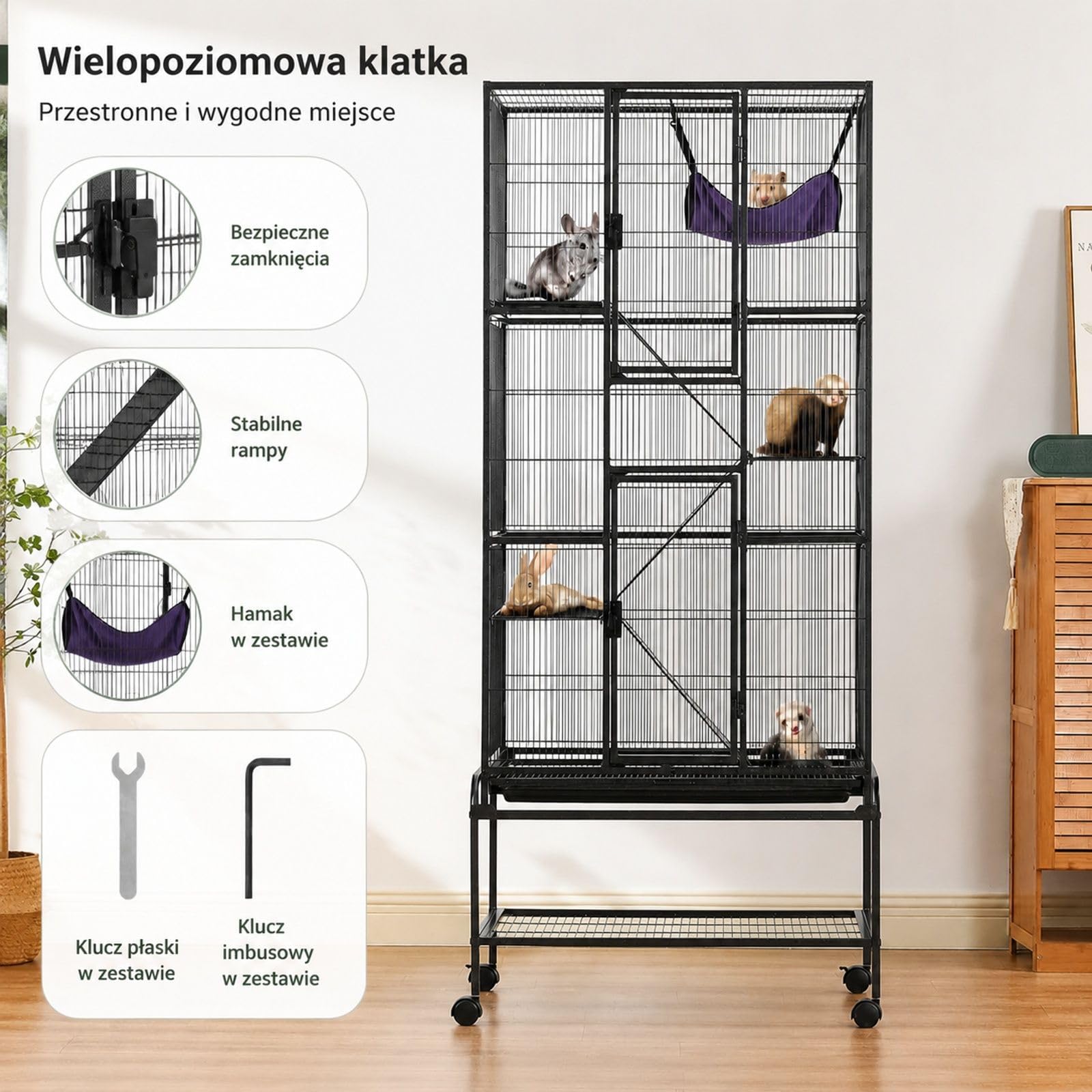 Czarna metalowa klatka dla fretek i małych zwierząt, 4 poziomy, kółka, rampy, taca, żelazo, plastik i aksamit