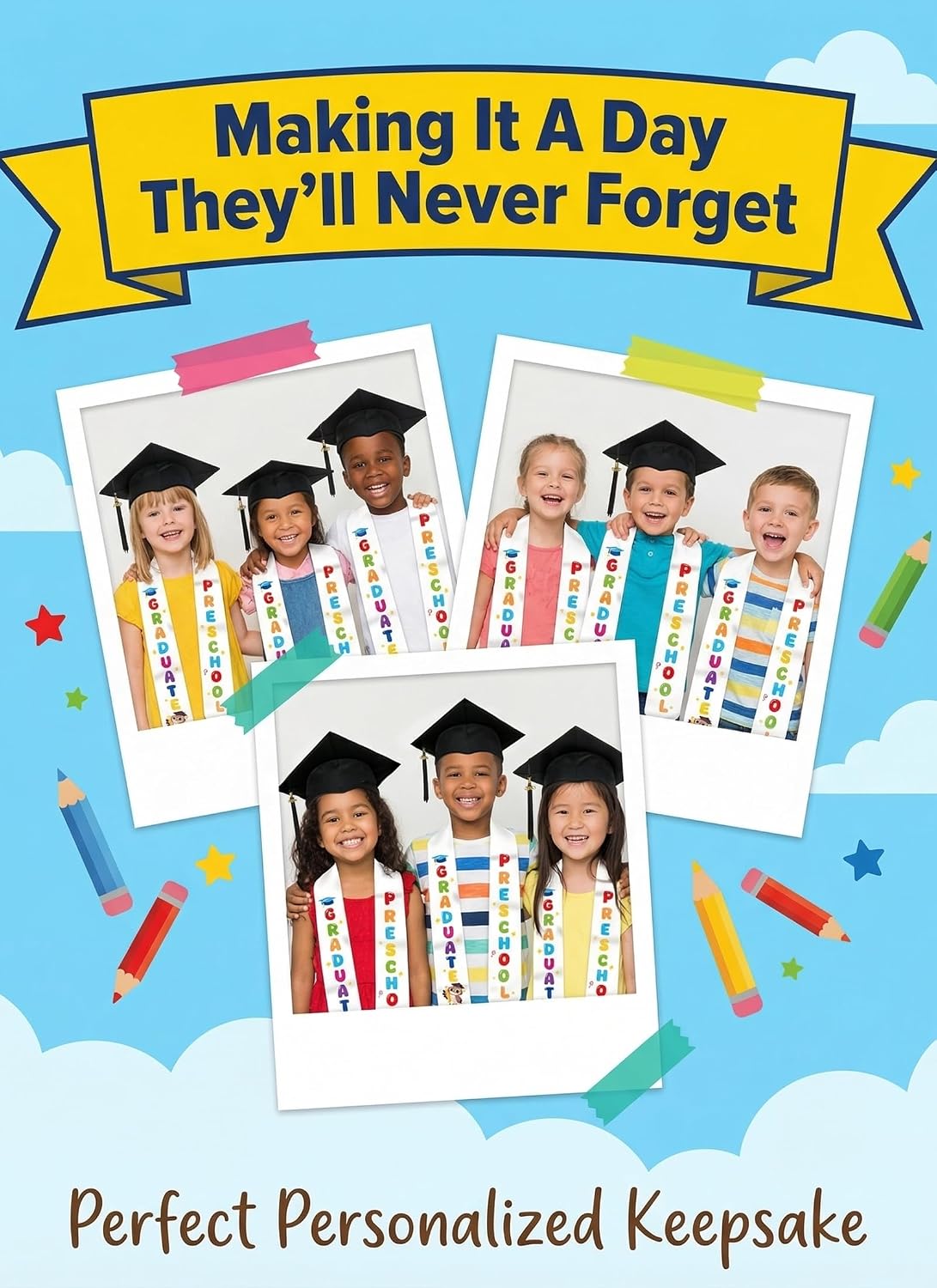 Kindergarten Preshool Graduation Cap and Sash Set - Unisex Grad Caps and Stole with Tassel, Certificate for Kids