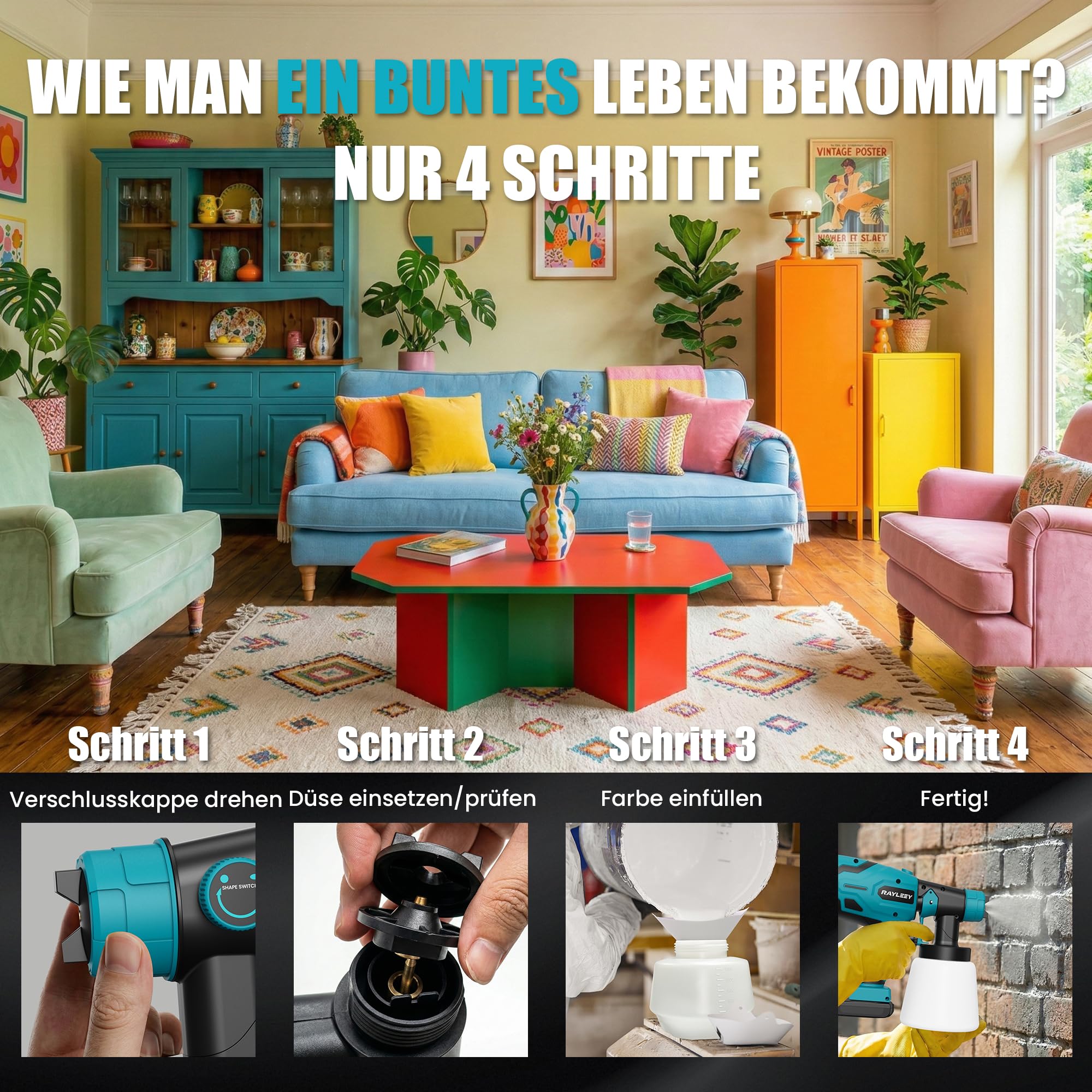Akku-Farbpistole kompatibel mit Makita Akku 18V, Farbsprühsystem 1000 ml/min, 800-ml-Behälter mit 4 Düsen (1/1,5/2,0/2,5 mm), Akku-sprühpistole für Wände, Möbel, Farbe