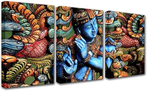 Lienzo decorativo de pared para sala de estar, 3 piezas, estatua de madera del Señor Krishna, pinturas de cocina india, decoración de pared