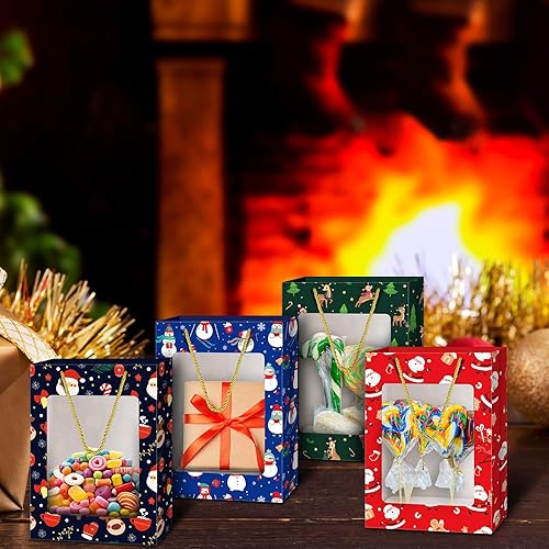 Miniatura 4 de Tenceur 48 bolsas de regalo de Navidad con ventanas de 9.84 x 7.1 x 5.12 pulgadas, pequeñas bolsas de regalo de papel de Navidad a granel con asas y