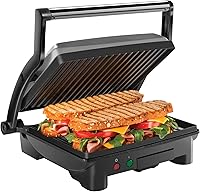 Chefman 4-Slice Panini Press Grill & Sandwich Maker - Non-Stick Plates, 180° Open Flat, Removable Drip Tray, Compact Black Stainless Steel
