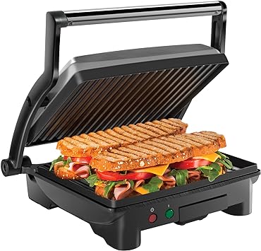 Chefman Panini Press Grill and Gourmet Sandwich Maker Non-Stick Coated Plates, Opens 180 Degrees to Fit Any Type or Size of Food, Stainless Steel Surface and Removable Drip Tray, 4 Slice, Black