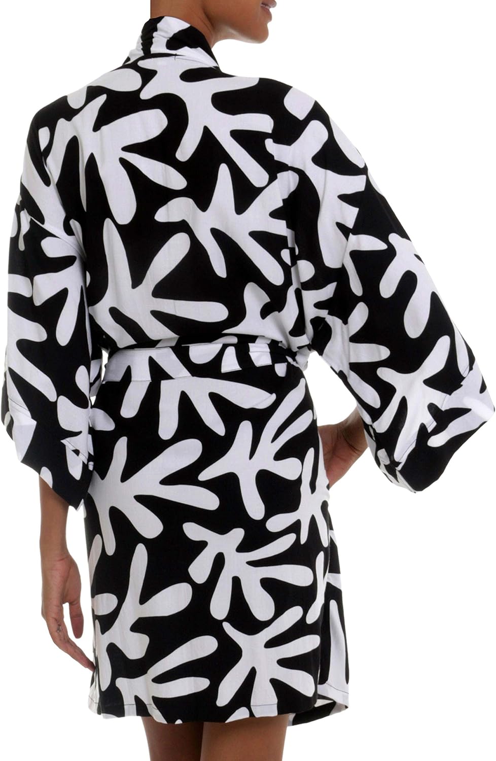 NOVICA Black and White 100% Short Rayon Robe, 'Moonlit Fern' : Clothing, Shoes & Jewelry