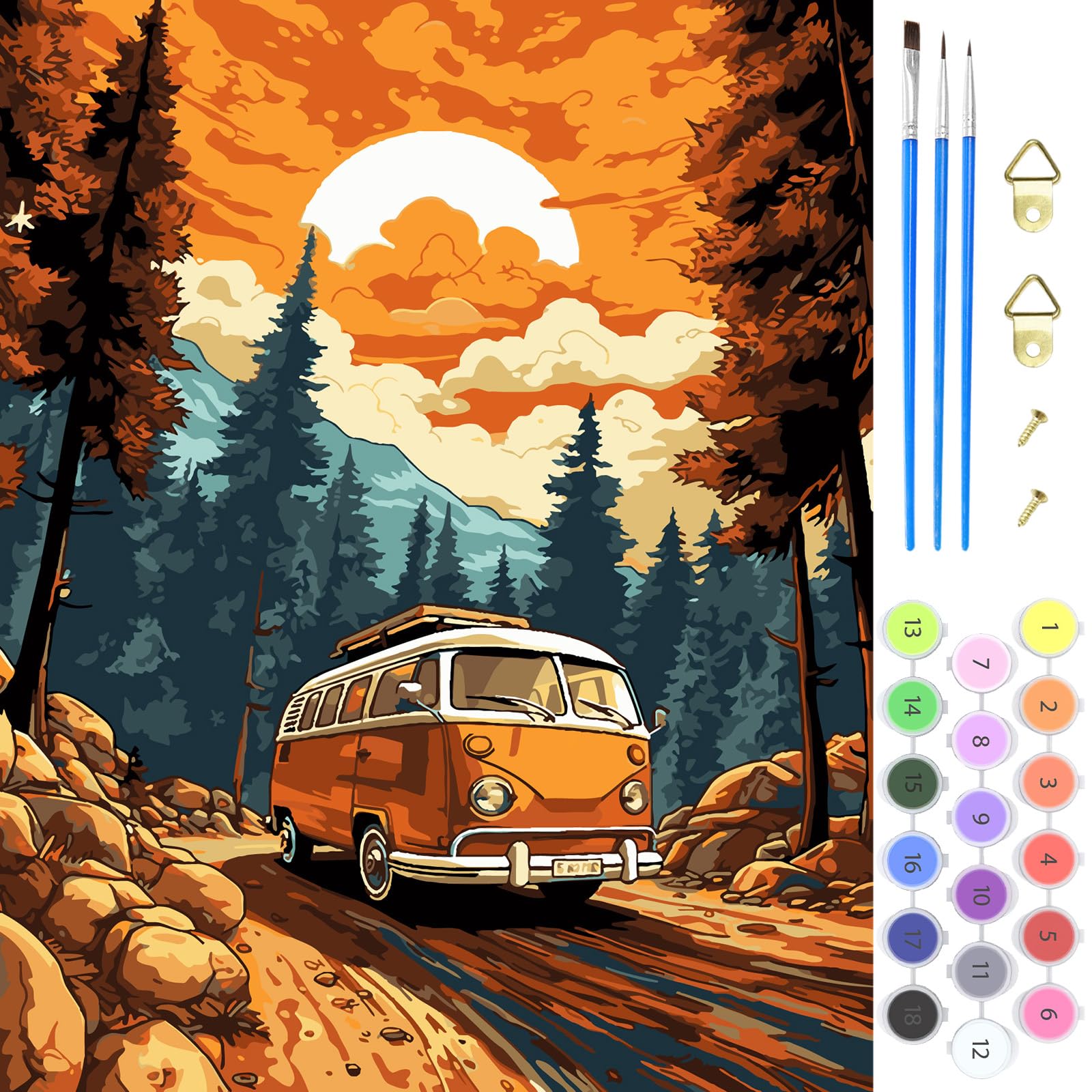 MOGTAA Bus Paint by Numbers for Adults, Sunset Landscape Paint by Numbers for Kids Beginner, DIY Paint by Numbers on Canvas Mountain Oil Painting