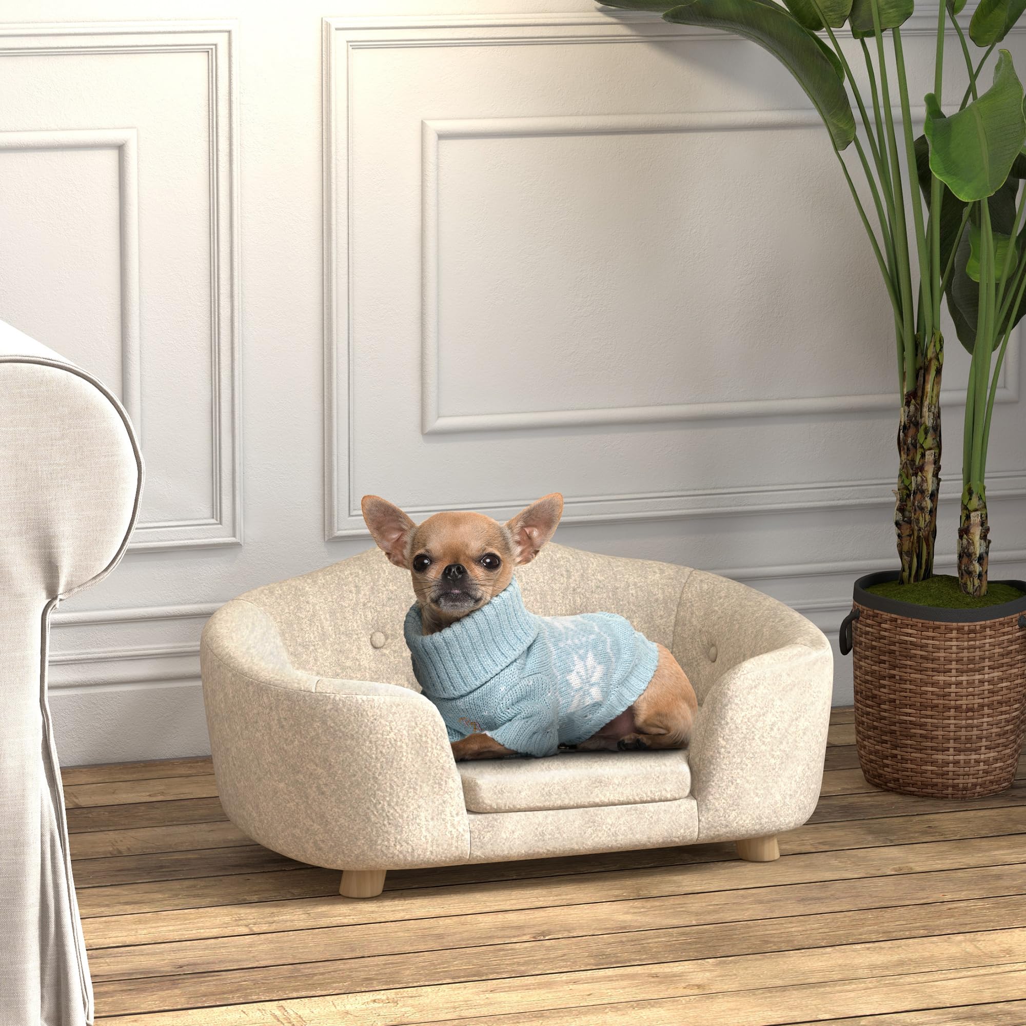 PawHut Canapé-lit pour animaux de compagnie - Avec coussin et poche arrière - En peluche et mousse de pin - Blanc crème - 70 x 47 x 30 cm