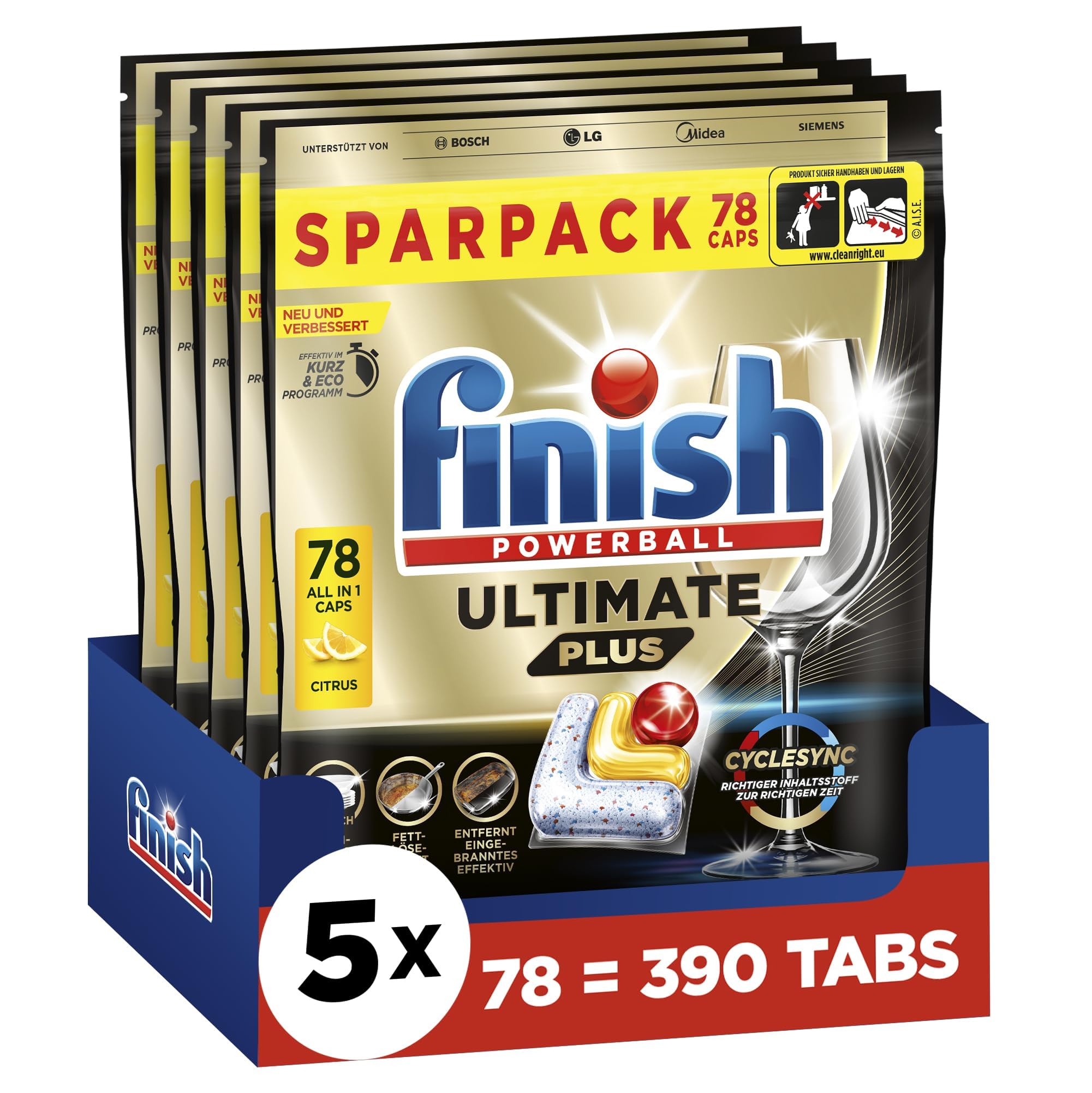 Finish Ultimate Plus Citrus Spülmaschinentabs - Geschirrspültabs für intenive Reinigung, Fettlösekraft und Glanz - Sparpack mit 390 Tabs (5 x 78 Tabs)