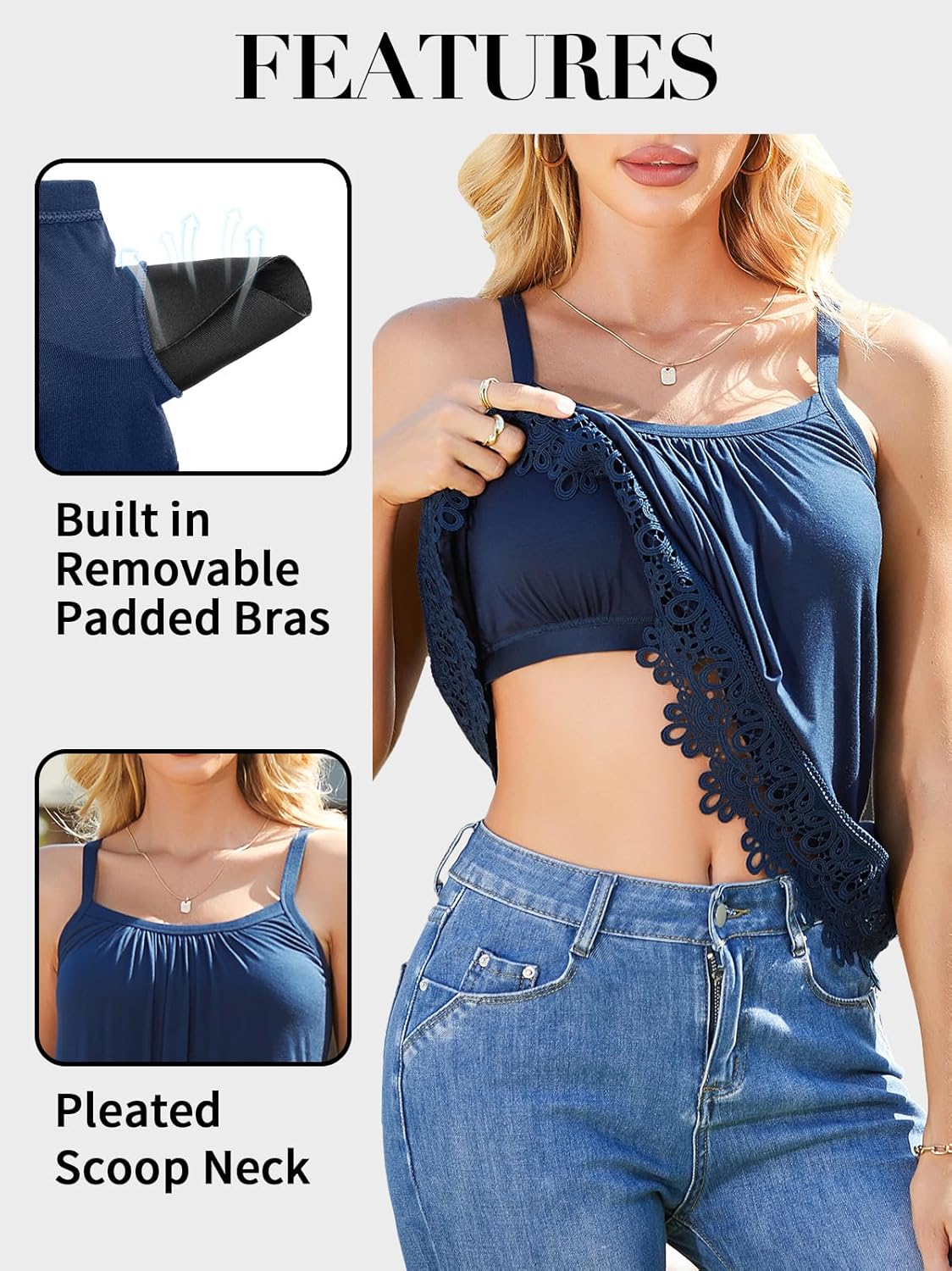 V FOR CITY Womens Flowy Lace Camisole with Built in Bra Adjustable Straps Loose Scoop Neck Tank Top - Image 4