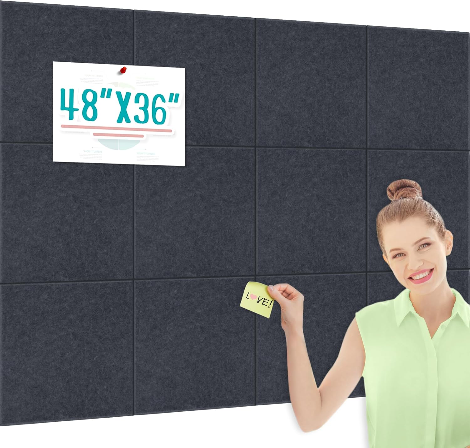 Large Cork Bulletin Board Alternative 48"x36", 12 Pack Felt CorkBoard Tiles for Office Wall with 80 Pushpins, Wall-Friendly Pin Board Notice Boards for Home Office School (White, 48x36 inch)