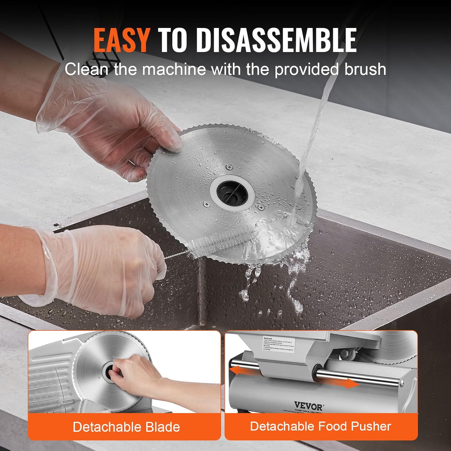 A person wearing gloves cleaning the detachable blade of the VEVOR meat slicer under running water with a brush.