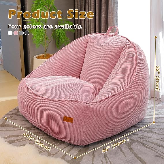 Giant Bean Bag Chair, Big Corduroy Single Sofa Chair for Adults, Luxury Boneless Beanbag Sofa with Foam Filling and Handle, Floor Chair for Living Room & Bedroom(Pink-L)