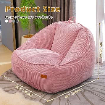 Giant Bean Bag Chair, Big Corduroy Single Sofa Chair for Adults, Luxury Boneless Beanbag Sofa with Foam Filling and Handle, Floor Chair for Living Room & Bedroom(Pink-L)