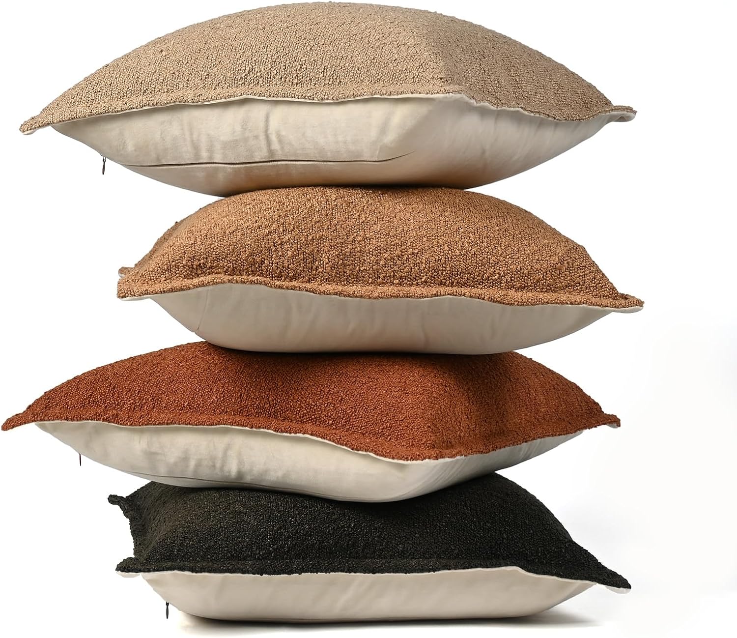 Neutral Boucle Throw Pillow Covers 20x20 Set of 4, Textured Boucle Front with Soft Velvet Back, Decorative Cushion Cases for Couch, Sofa, Bed and Living Room (Brown, Black, Orange, Light Brown)