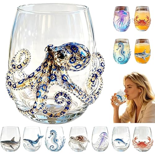 Artisanal Blue Ringed Octopus Glassware, Artistic 3D Octopuses Stemless Wine Glasses, Handcrafted Marine Animal Bar Glass, Coastal Home Decor Gift for Ocean Lovers (Octopus)