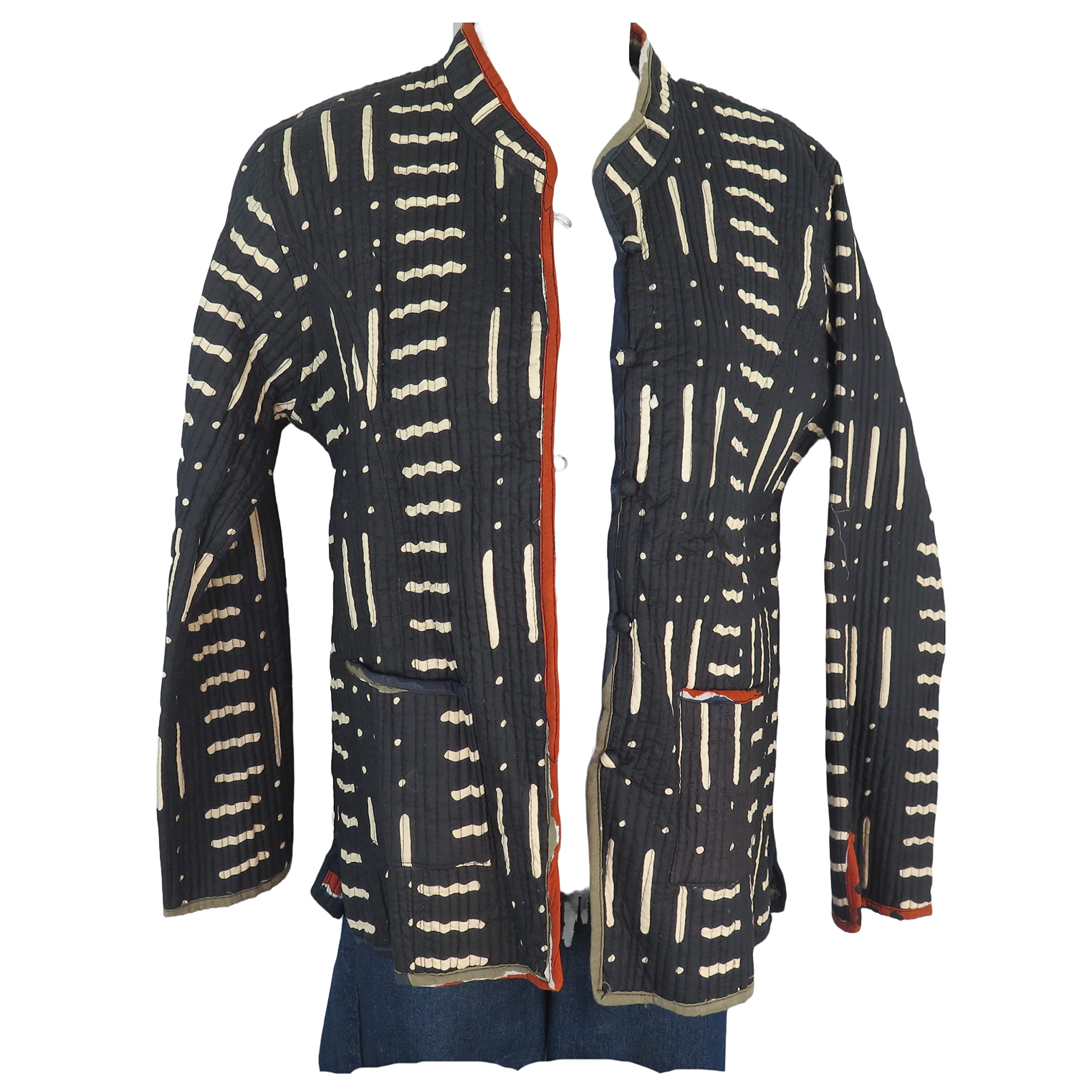 TDbN Jacket | Women's | Short | Quilted | Handmade | Reversible | 2 Patterns | Geometric | Buttons | Black