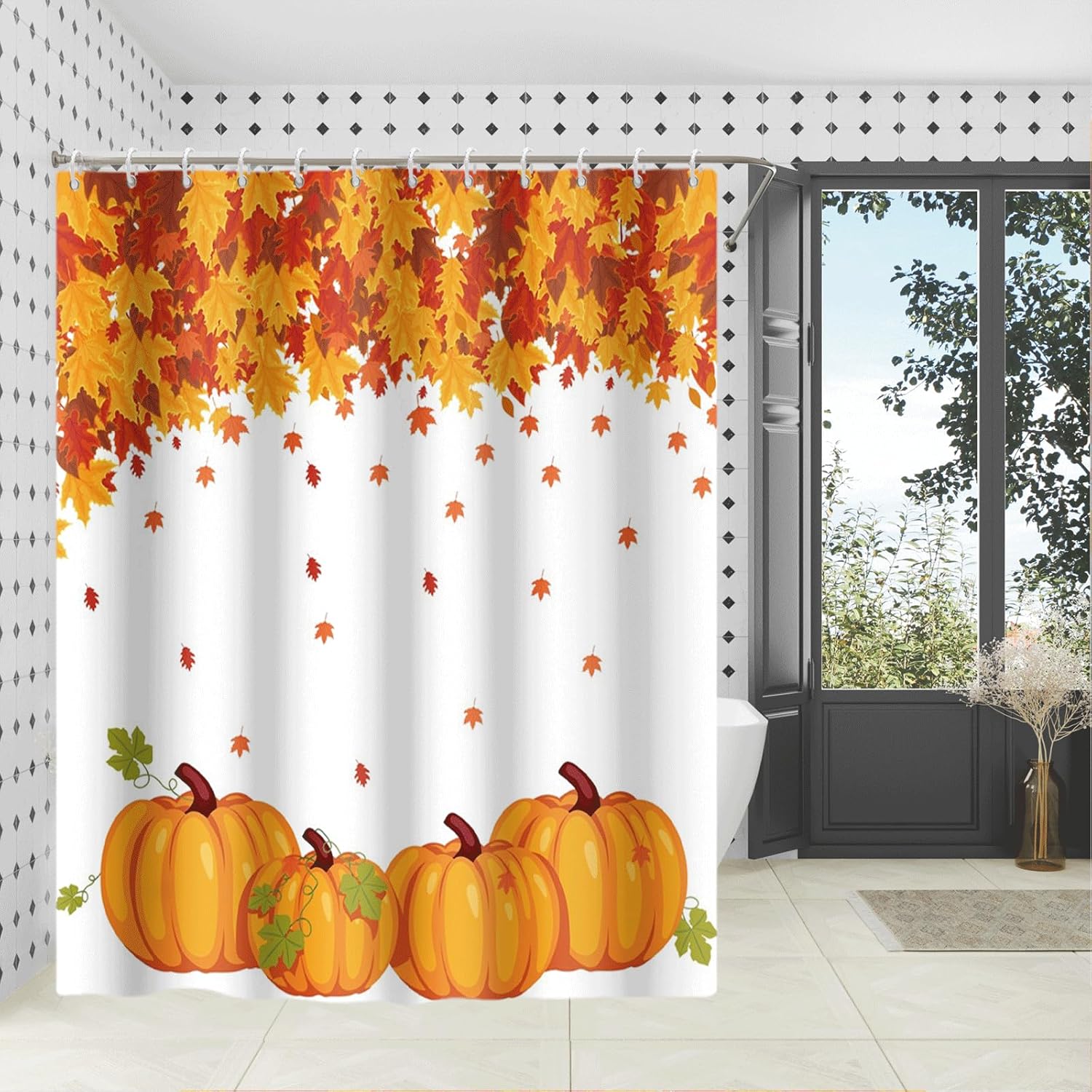 Fall Pumpkins Shower Curtain for Bathroom Waterproof Polyester Fabric Autumn Maple Leaves Shower Curtain Set Thanksgiving Holiday Home Bathtub Decoration with Hooks, 72x84in