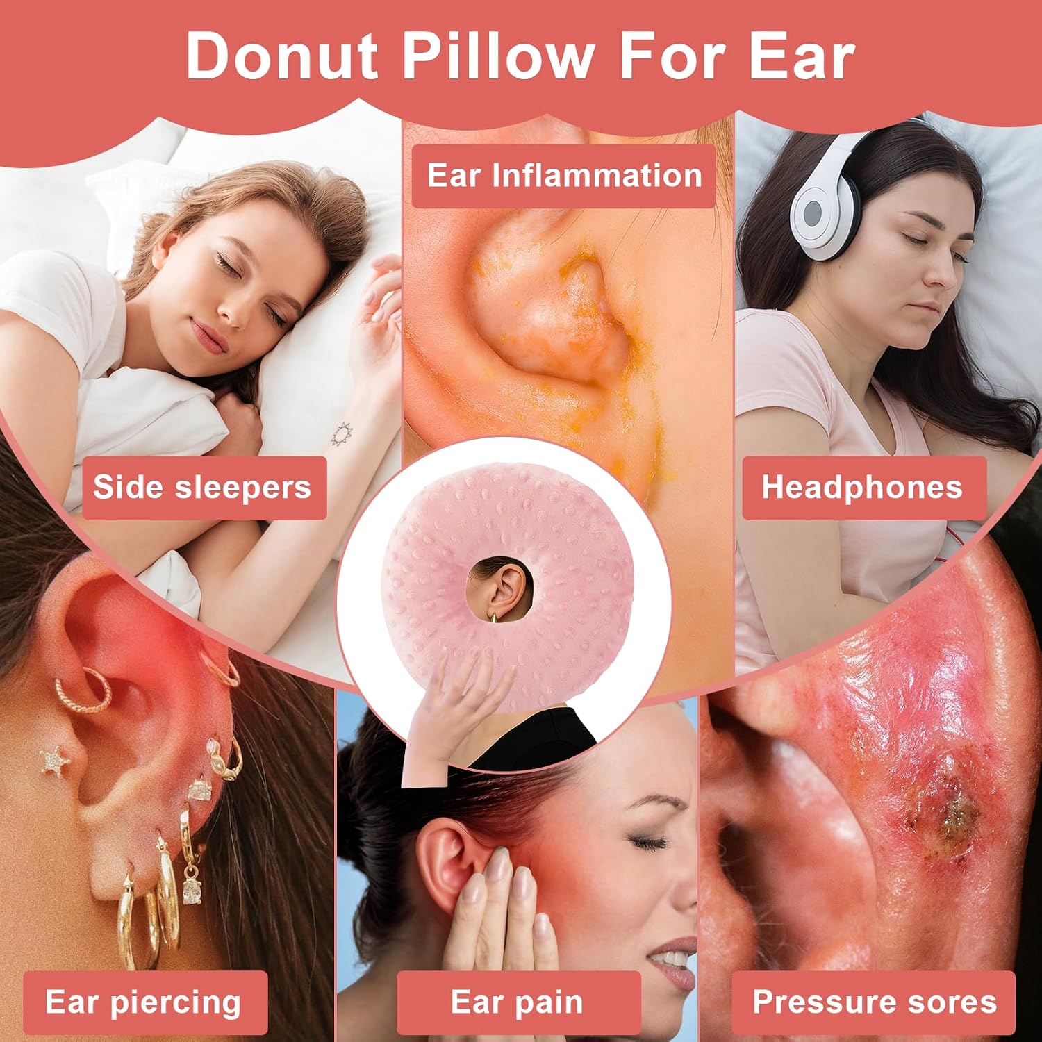 Ear Piercing Pillow, Soft and Comfortable Donut Pillow for Ear, Ear Pillows with Holes for Ear Pain, Piercing, Pain Relief Sleeping, Pressure Sore, Pillow with Ear Hole for Side Sleepers (Pink)