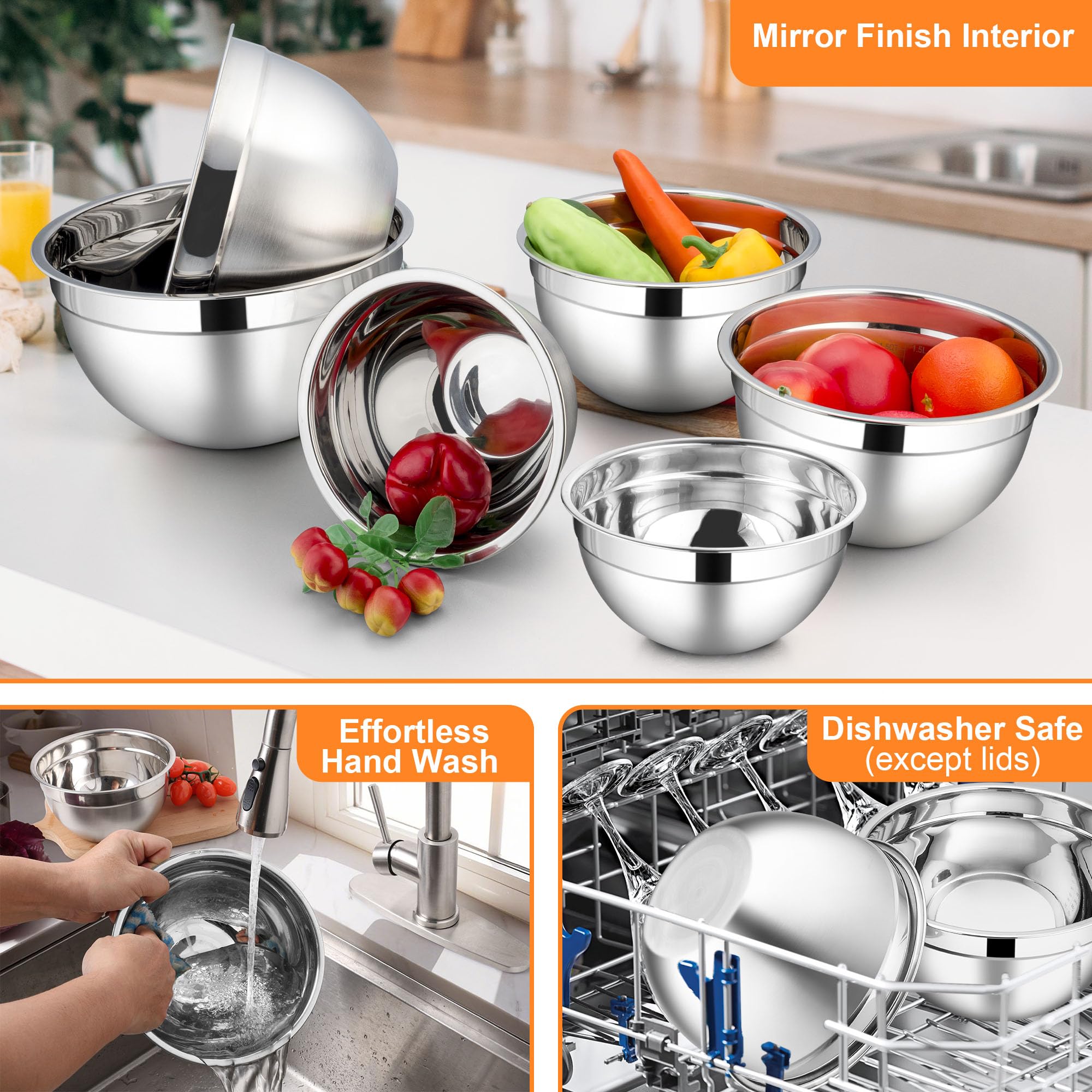 LIANYU Rührschüsseln mit sichtbarem Deckel, 6er-Set, Edelstahl, Metall, Salatschüsseln, groß und klein, 7, 3,5, 2,5, 2, 1,5, 1QT, Größe für Küche, Backen, Aufbewahrung, Lebensmittelzubereitung