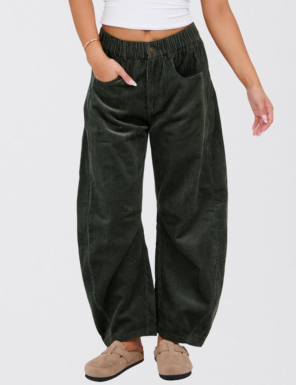 SeekMe Women's Corduroy Pants Barrel Mid-Rise Elastic Waist Cord Pants Casual Wide Leg Baggy Trouser with Pockets - Image 4
