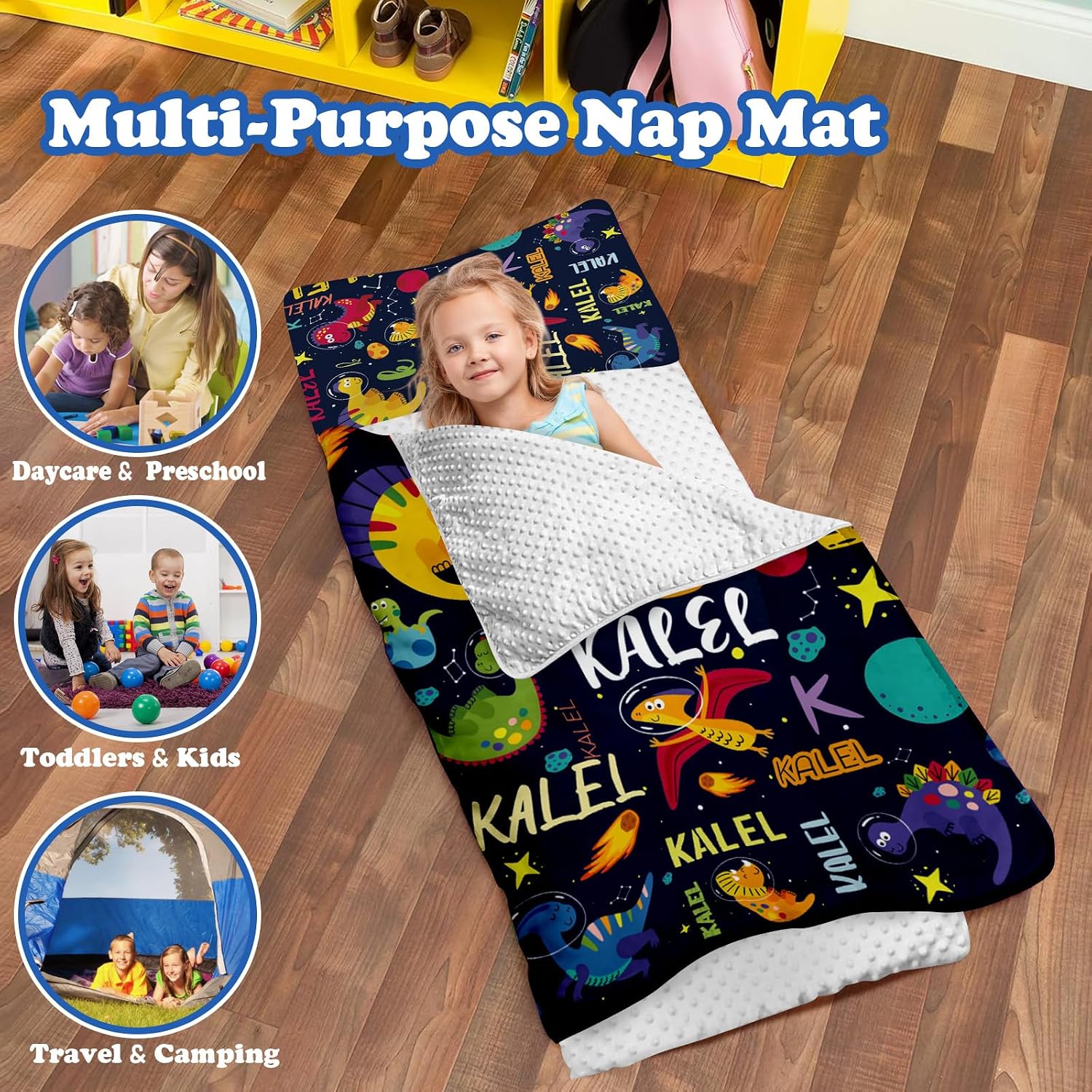 Dyoart Personalized Toddler Nap Mat, Custom Baby Name Sleeping Bag for Preschool Daycare Kinder, Sleeping Mat Bedding Set with Blanket Pillow, Portable Nap Sack for Infant Children Boy, Cosmic Dino