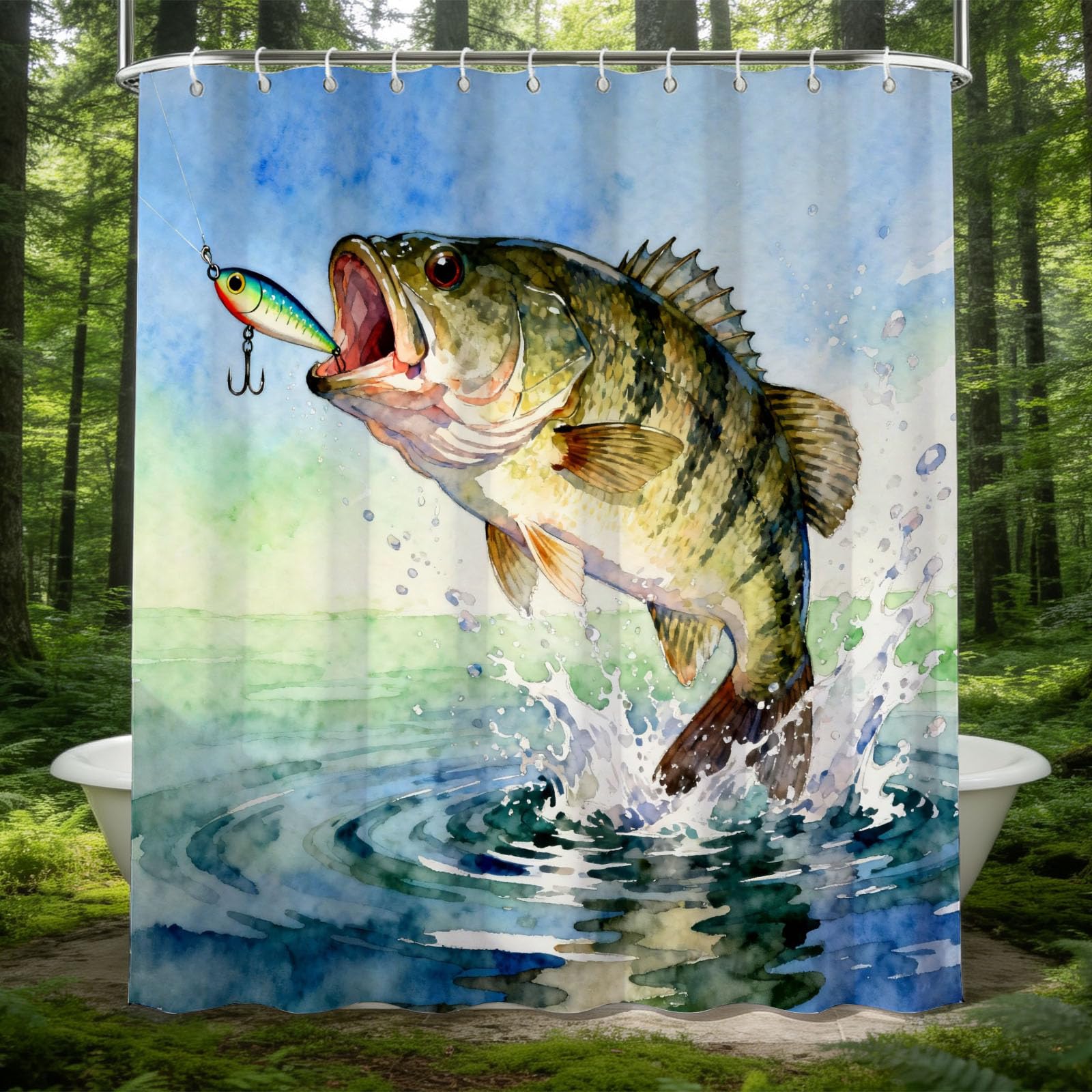 Hongduo 3D Fishing Shower Curtain for Stalls Bathtubs Nature Scene Bathroom Decor Shower Curtain Set Polyester Fabric Waterproof 180x200cm/71X79 Inch with Hooks