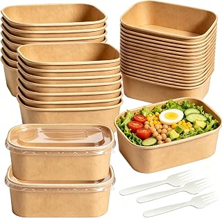 65 Pack 22oz Kraft Paper Bowls with Lid, Microwave & Freezer Safe | Disposable Meal Prep Food Containers, Takeout Salad Containers with Spork To Go Bowls for Lunch, Party, Camping