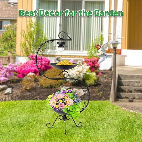 Miniatura 5 de HONGLAND Baños de pájaros para exteriores con luces solares, comederos de metal de 36 pulgadas de altura con pedestal de maceta de flores,