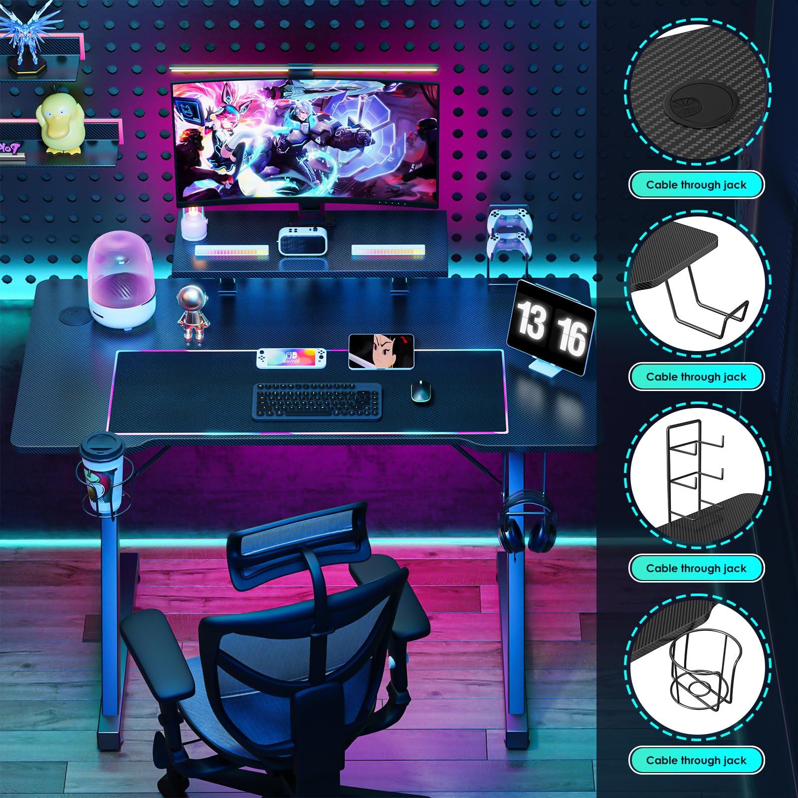 Tavolo Da Gioco 100x55x75 Cm Con Superficie In Fibra Di Carbonio - Scrivania Computer Con Porta Bevande, Gancio E Supporto Monitor
