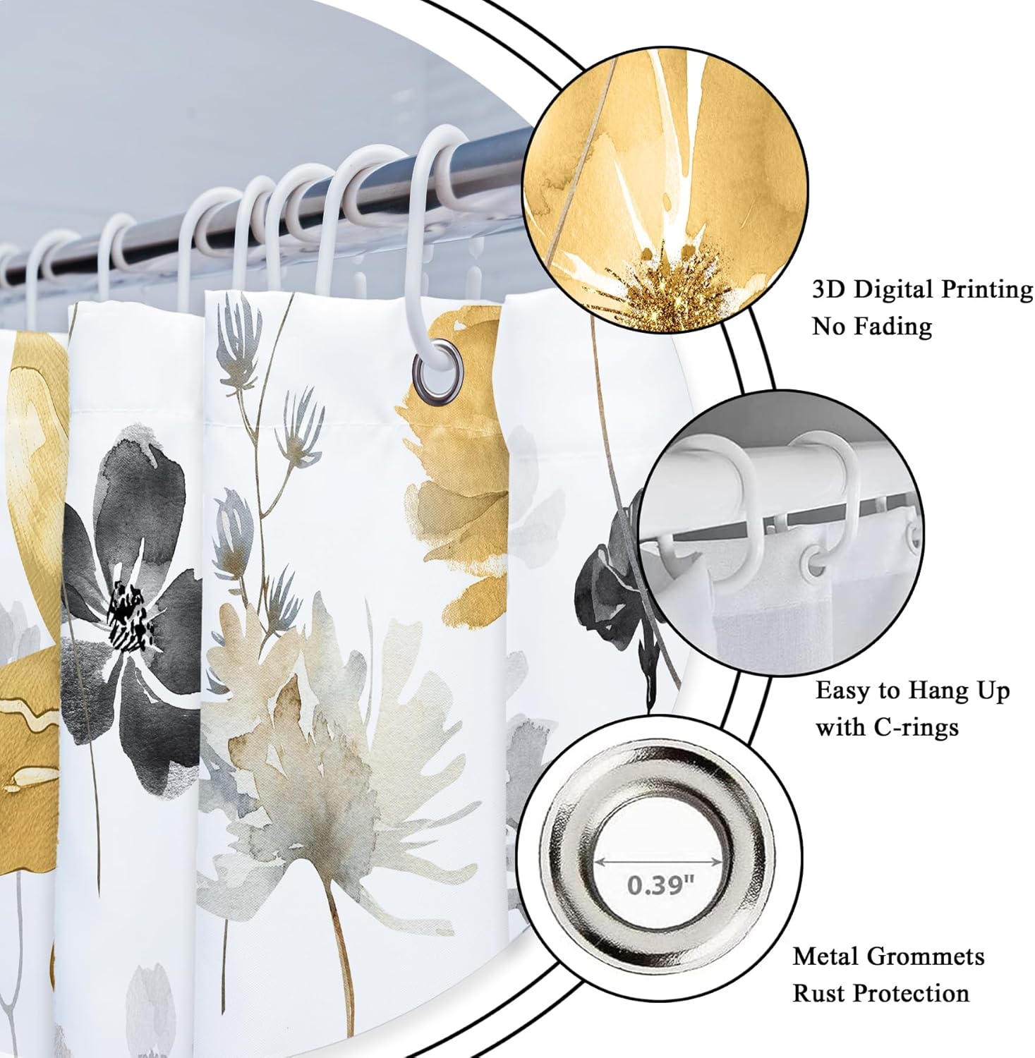 Riyidecor Yellow Grey Floral Flower Shower Curtain for Bathroom Decor 72Wx78H Long Wildflower Boho Botanical Watercolor Spring Rustic Art Printed Fabric Polyester Waterproof 12 Pack Plastic Hooks