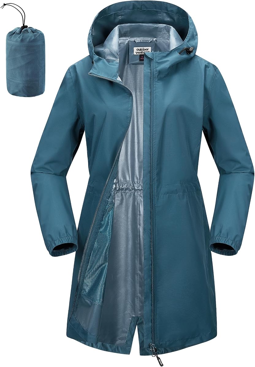 Outdoor Ventures Women's Waterproof Rain Jacket Long Rain Coats With Hood