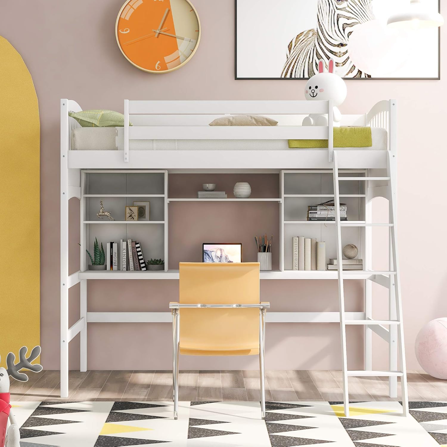 Twin Loft Bed with Desk, Twin Loft Bed with Storage Shelves, Wood Twin Loft Bed Frame with Guardrails and Angled Ladder for Kids Boys Girls Kids Teens Adults, No Box Spring Needed, White