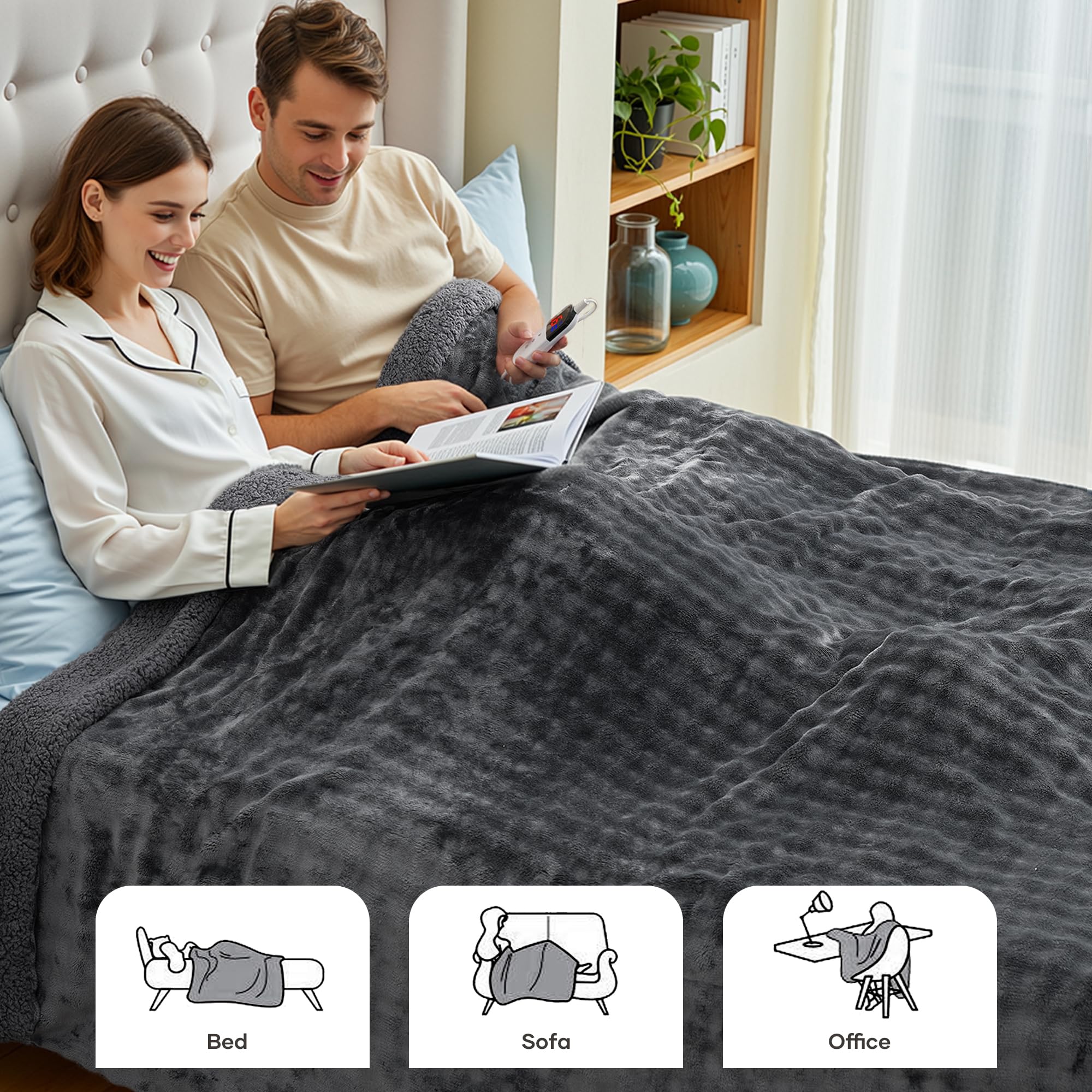 Coperta Elettrica Riscaldante 150x200cm, Motivo a Bolle 3D, Peluche Soft e Sherpa Rinforzato, 6 Livelli di Calore, Timer 1-10H, Coperta Elettrica Doppia per Letto Divano Ufficio, Lavabile, Grigio