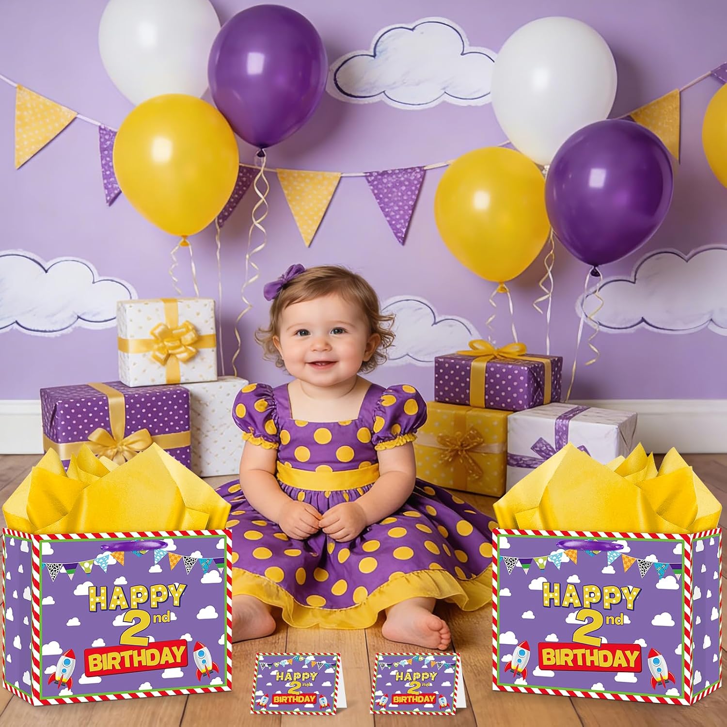 TagreSpike Cartoon Story 2nd Birthday Gift Bag with Tissue Papers and Card, Purple Sky Cloud Rocket Theme Second Birthday Gift Wrapping Paper Bag for Boys Girls Kids 2 Years Old Party Favors