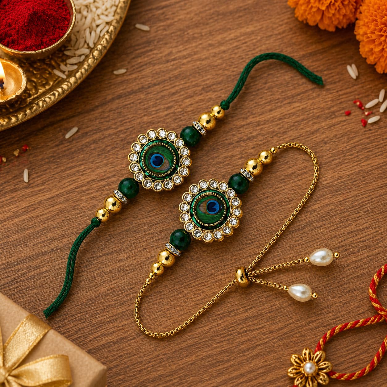 Gold Kundan Rakhi Set - Raksha Bandhan Gift -4 Gold Kundan Rakhi Set - Raksha Bandhan Gift -4