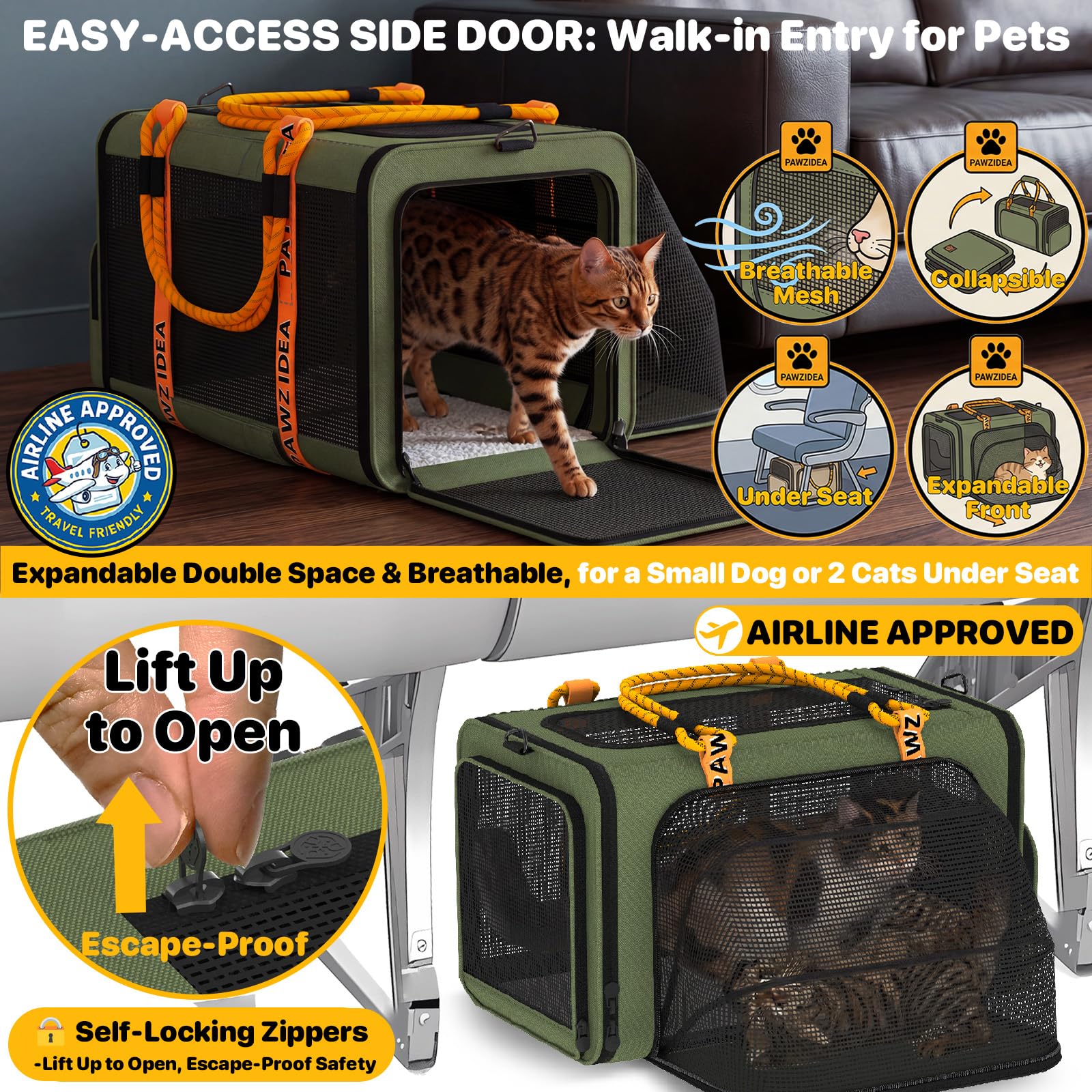 PAWZIDEA Expandable Pet Carrier Airline Approved, 18"&times;11"&times;11" Small Dog Carriers, Collapsible Top-Load Cat Carrier for 2 Cats Under Seat, Soft-Sided Puppy & Animal Travel Bag, ID Card, Up to 15lbs - image 3